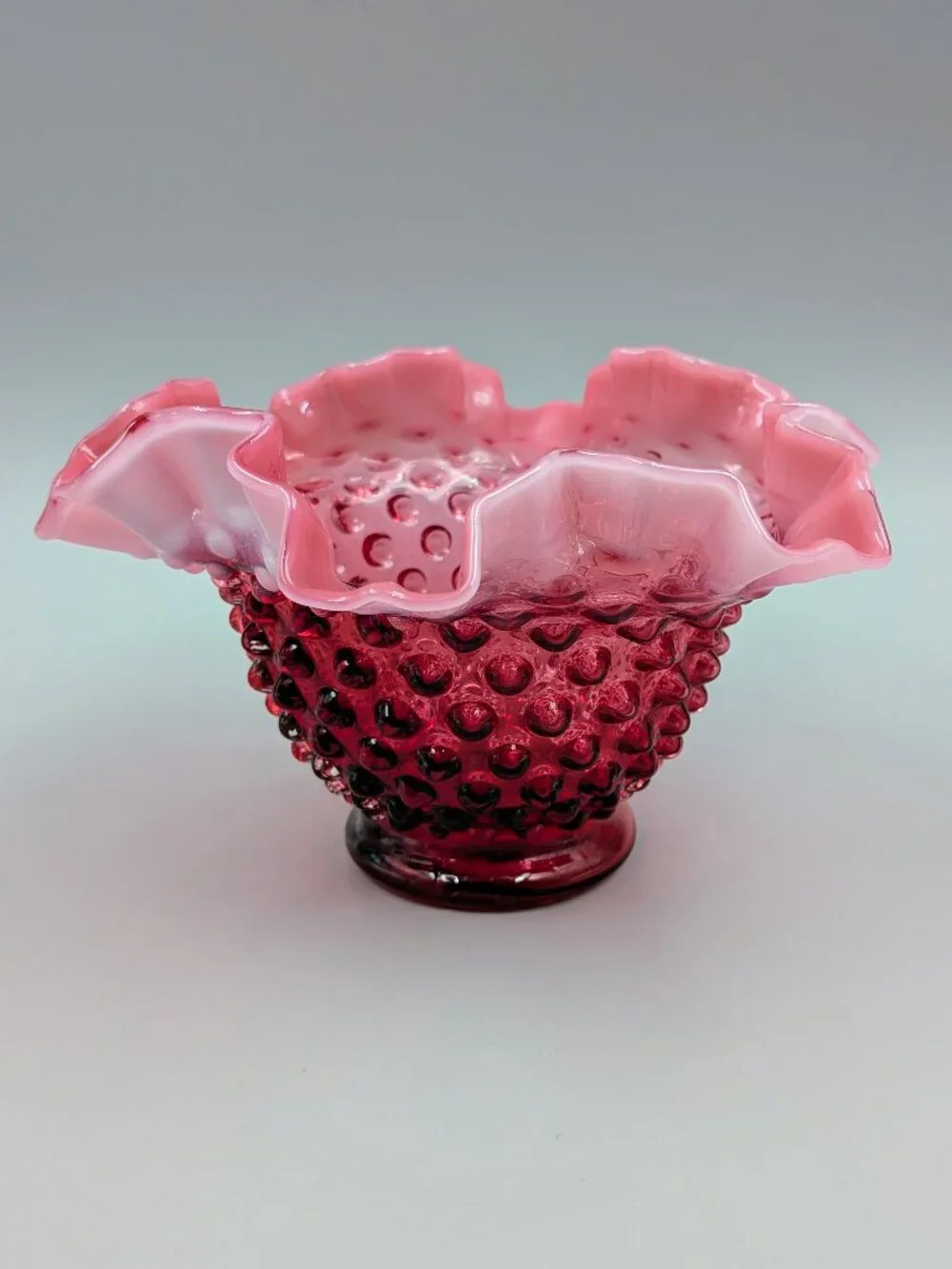 Vintage Fenton Cranberry Opalescent Hobnail Ruffled Bowl  - Midcentury Art Glass